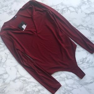 Fashion Nova Louise V neck body suit burgundy
